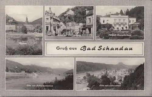 Gruß aus Bad Schandau, Schloßbastei, Kurhaus, Schrammsteine, Lilienstein, gelaufen