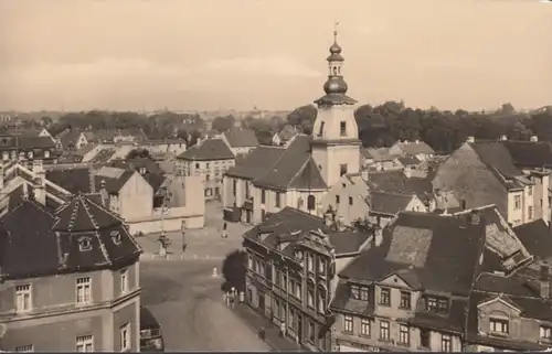 Meuselwitz, Markt mit Kirche, gelaufen 1963
