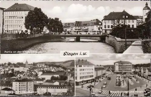 Siegen, Siegbrücke, Hauptbahnhof und Vorplatz, gelaufen 1962