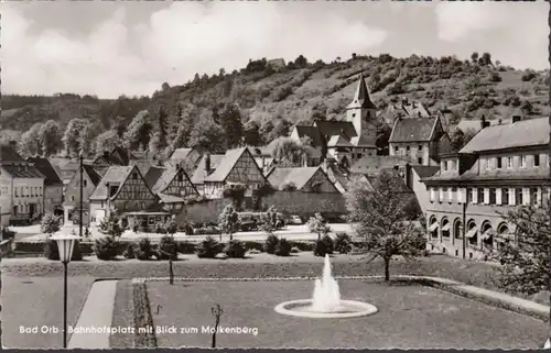 Bad Orb, Bahnhofsplatz mit Blick zum Molkenberg, gelaufen 1961