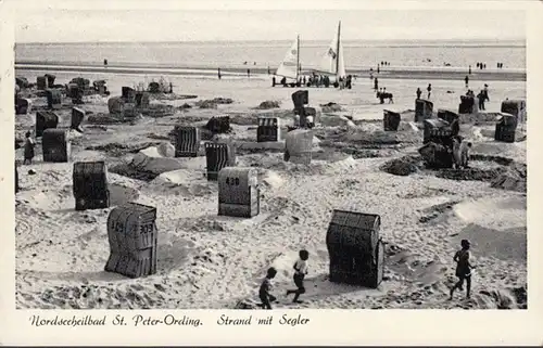 St. Peter Ording, Strand mit Segler, gelaufen 1954