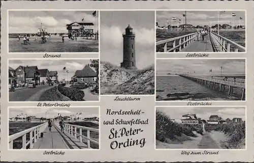 St. Peter Ording, Strand, Ortschaft, Seebrücke, Leuchtturm, gelaufen 1960