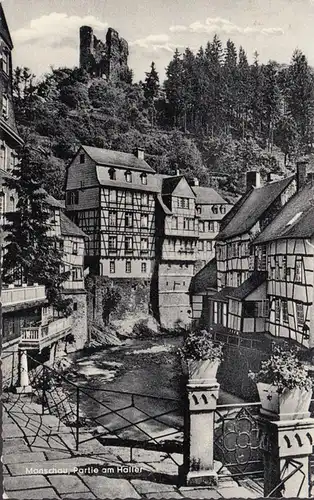 Monschau, Partie am Roten Haus mit Rur und Burgruine Haller, gelaufen