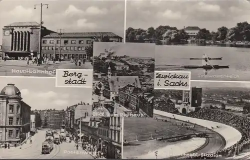 Zwickau, Hauptbahnhof, Poetenweg, Dimitroff Station, Schwanenteich, ungelaufen- datiert 1959