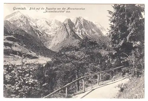 AK Garmisch, Blick auf die Zugspitze von der Almrestauration Maximilianshöhe, gel.1909