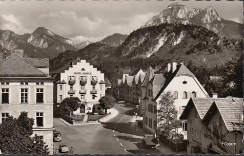 Füssen, Schulhausplatz mit Sebastianstraße, Hotel Hirsch, ungelaufen