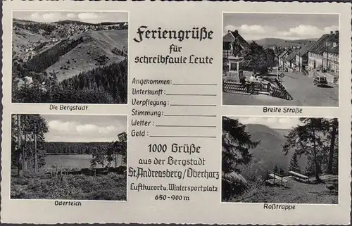 St. Andreasberg, Feriengrüße für schreibfaule Leute, Breite Straße, Oderteich, Bergstadt, ungelaufen- datiert 1962