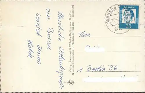 Gruß aus Bernau, Dorfpartie, Chiemsee, Kampenwand, gelaufen 1964