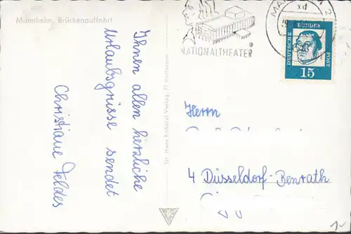 Mannheim, Brückenauffahrt, Fliegeraufnahme, gelaufen 1964