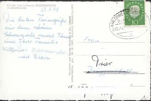 Schönmünzach, Fliegeraufnahme, Bahnpost, gelaufen 1959