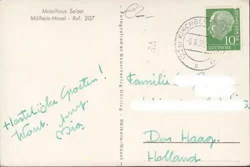 Herzliche Moselgrüße, Moselhaus Selzer, gelaufen 1955