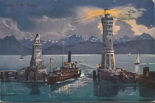 Lindau am Bodensee, Hafeneinfahrt bei Nacht, Dampfer, ungelaufen- datiert 1918