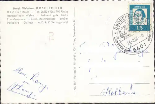 Ürzig, Hotel, Weinhaus Moselschild, gelaufen 1963