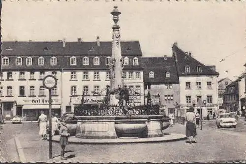 AK Saarbrücken, St. Johanner Markt, Post Haus, Gaststätte, Marktbrunnen, gelaufen 195?