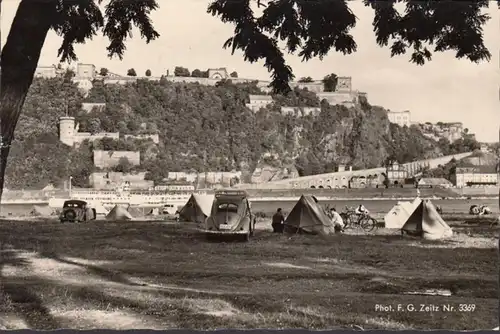 Koblenz, Zeltplatz mit Festung Ehrenbreitstein, gelaufen 1954