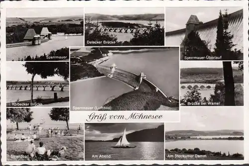 Salutation du lac de Möhne, bain de plage, mur de barrage, pont, couru 1960