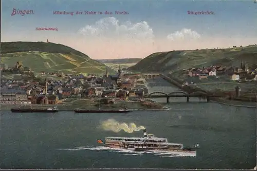Bingen, Mündung der Nahe in den Rhein, Bingerbrück, Dampfer, ungelaufen- datiert 1919