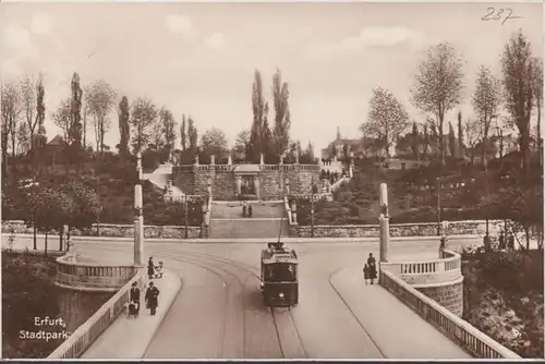 Erfurt, Stadtpark, Straßenbahn, gelaufen 1927