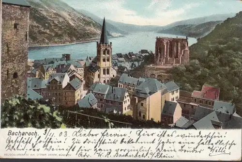 Bacharach, Stadtansicht und Rhein, gelaufen 1903