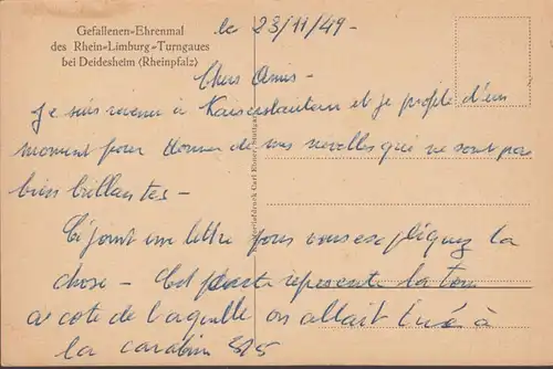 Deidesheim, Gefallenen Ehrenmal des Rhein Limburg Turngaues, ungelaufen- datiert 1949