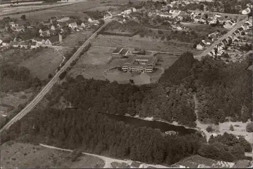 AK Aschbach, Fliegeraufnahme, Schule, Kirche, Weiher, gelaufen 1982