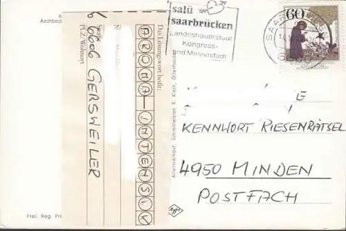 AK Aschbach, Fliegeraufnahme, Schule, Kirche, Weiher, gelaufen 1982