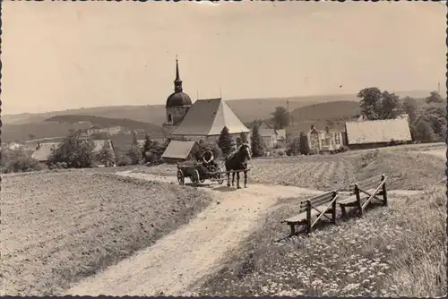 Johnsbach, Stadtansicht, Kirche, Pferdewagen, gelaufen 1962