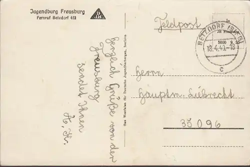 Kirchen, Freusburg Jugendherberge, Feldpost, gelaufen 1940