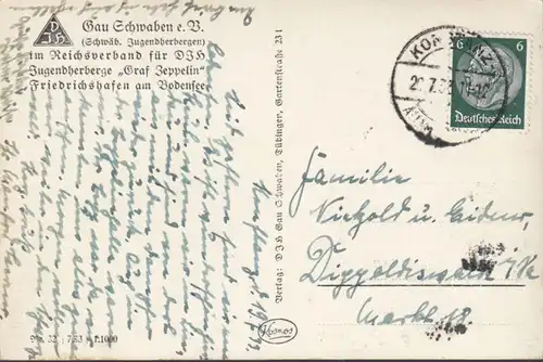 Friedrichshafen, Graf Zeppelin Jugendherberge, Gau Schwaben, Fliegeraufnahme, gelaufen 1933