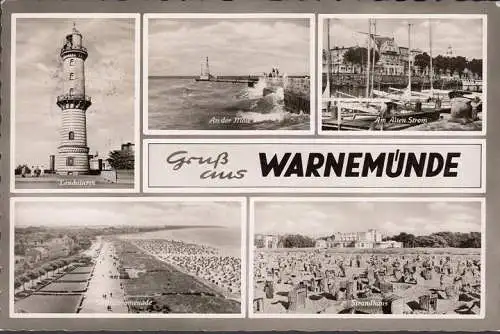 AK Warnemünde, Strandhaus, Leuchtturm, Mole, gelaufen 1962