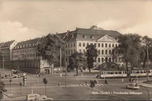 AK Halle (Saale), Franckesche Stiftung, Straßenbahn, gelaufen 1963