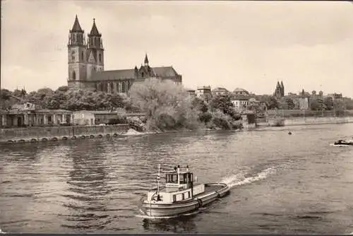 AK Magdeburg, Dom, Elbe und Schlepper, gelaufen 1976