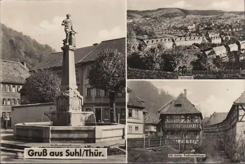 Suhl, fontaine d'armurerie, maisons à colombages, couru en 1959