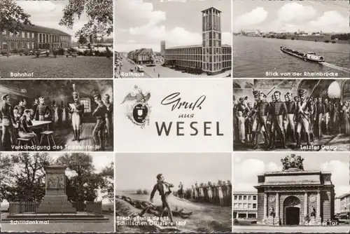 Wesel, Bahnhof, Rathaus, Schilldenkmal, gelaufen 1966