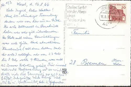 Wesel, Bahnhof, Rathaus, Schilldenkmal, gelaufen 1966