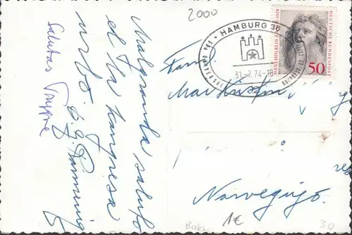 Saluton el Hamburgo, St. Pauli, Haveno, St. Mihaelo, Sonderstempel Hamburg 36, gelaufen 1974