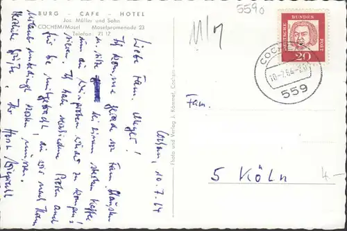 Cochem, Hotel und Cafe Burg, gelaufen 1964