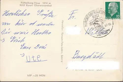 Oberwiesenthal, Fichtelberg Haus, gelaufen 1967