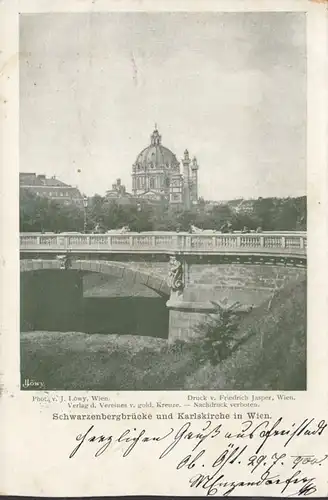 Wien, Schwarzenbergbrücke und Karlskirche, gelaufen 1900