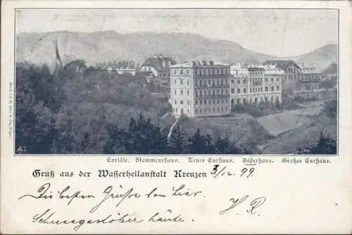 Gruss aus der Wassserheilanstalt Kreuzen, gelaufen 1899