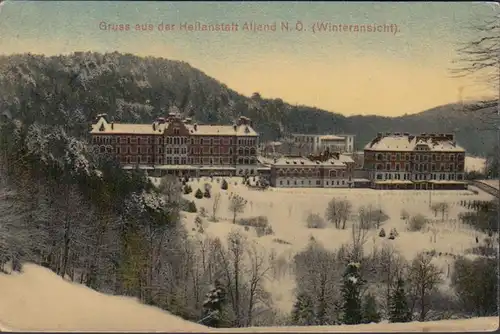 Gruss aus der Heilanstalt Alland, Winteransicht, gelaufen 1916