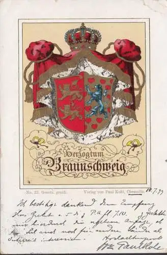 AK Herzogtum Braunschweig, Wappen, gelaufen 1899