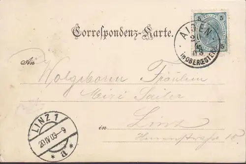 Gruss aus Aigen-Schlägl, Almesberger Gasthof, gelaufen 1903