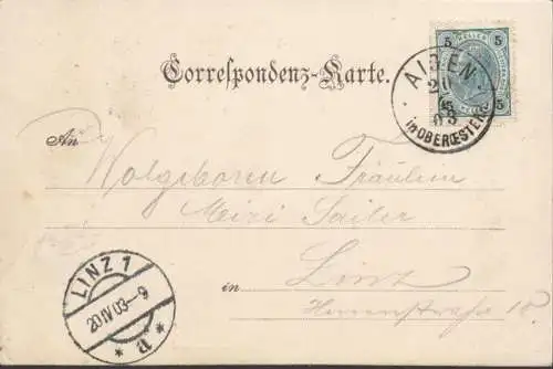 Gruss aus Aigen-Schlägl, Almesberger Gasthof, gelaufen 1903