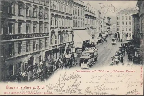 Linz, Landstrasse Hotel zum Goldenen Kanone, couru 1901