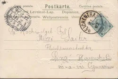 Reichenthal, Straßenansicht mit Kirche, Passepartout, gelaufen 1902