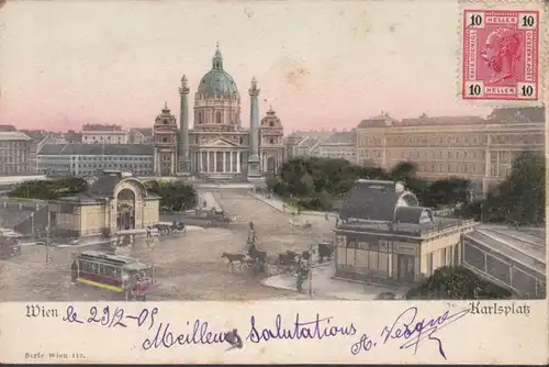 Wien, Karlsplatz, Strassenbahn, Pferdekutsche, gelaufen 1905