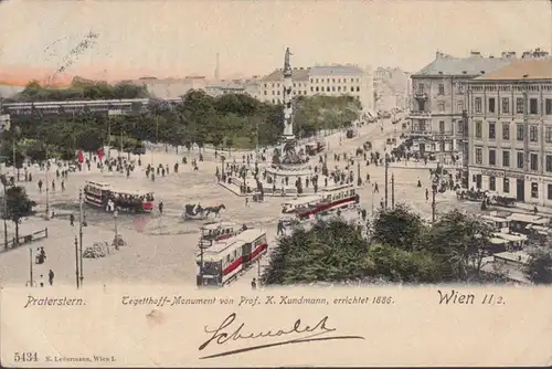 Wien, Praterstern, Tegetthoff Monument, Straßenbahnen, gelaufen 1905
