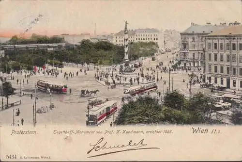 Wien, Praterstern, Tegetthoff Monument, Straßenbahnen, gelaufen 1905