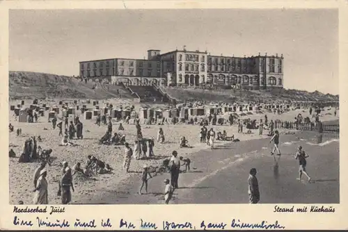 Juist, Strand mit Kurhaus, gelaufen 1950
